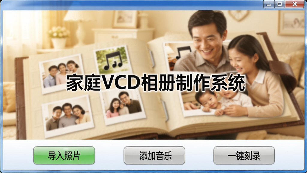 家庭VCD相册制作系统主界面截图,展示软件logo“家庭VCD相册制作系统”居中,背景为温馨的家庭相册场景,界面布局清晰,包含“导入照片”、“添加音乐”、“一键刻录”等按钮,整体风格简洁明亮,画质高清,干净无多余元素