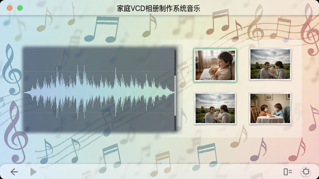 家庭VCD相册制作系统音乐设置界面,显示音频波形图与照片缩略图对应关系,背景为音符元素,界面风格柔和,色彩协调,画质清晰,无多余元素