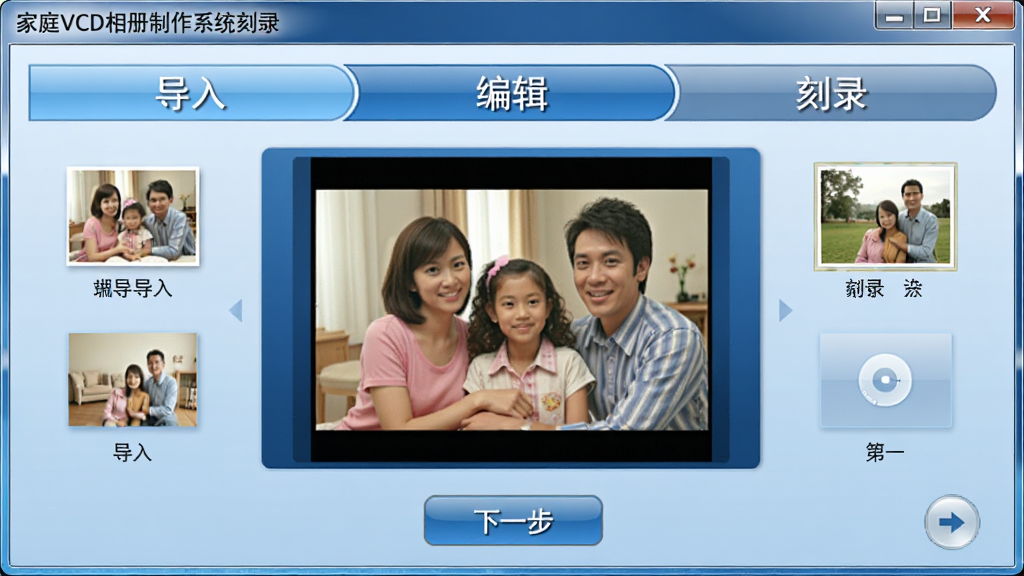 家庭VCD相册制作系统刻录流程界面,显示照片导入、编辑、刻录的步骤条,中间是照片预览区,下方有“下一步”按钮,界面以蓝色为主色调,布局清晰,画质细腻,无多余元素