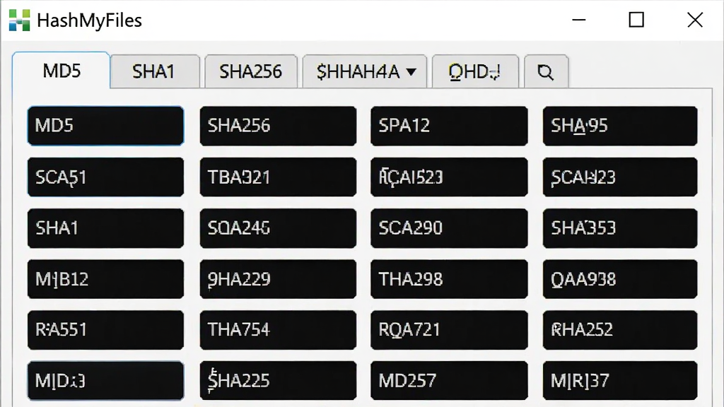 一张展示HashMyFiles软件中多种哈希算法选项卡的截图,界面有“MD5”、“SHA1”、“SHA256”等标签,背景为白色,排版整齐,画质清晰,带软件名称“HashMyFiles”字样,干净无多余元素