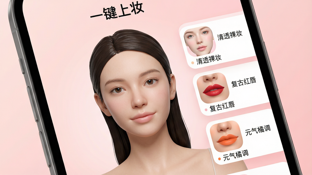 一幅高清智能手机屏幕特写,屏幕中显示“一键上妆”应用的主界面,界面中央是一位素颜女性的半身肖像,右侧悬浮着多个色彩柔和的妆容效果缩略图,包括“清透裸妆”、“复古红唇”、“元气橘调”等。整体布局简洁现代,图标圆润,背景为渐变浅粉色,营造出时尚、专业且温馨的氛围。画面风格为写实3D渲染,细节丰富,画质干净,无多余元素,突出软件核心功能一键变美。