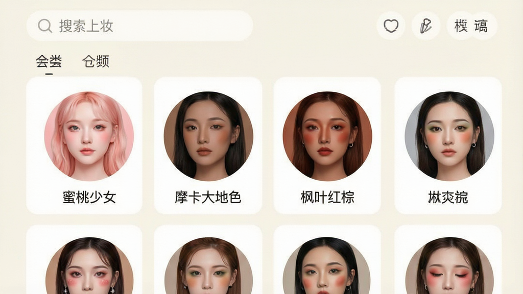 一张展示“一键上妆”应用内妆容模板库的界面截图设计图。画面中央排列着多个圆形头像,每个头像展示一种妆容风格,如“蜜桃少女”、“摩卡大地色”、“枫叶红棕”等,头像下方标注有中文名称。背景为淡雅米白色,界面采用卡片式布局,顶部有搜索栏和分类标签。整体风格简洁清新,图标设计精致,画质干净,突出模板的多样性与易用性。