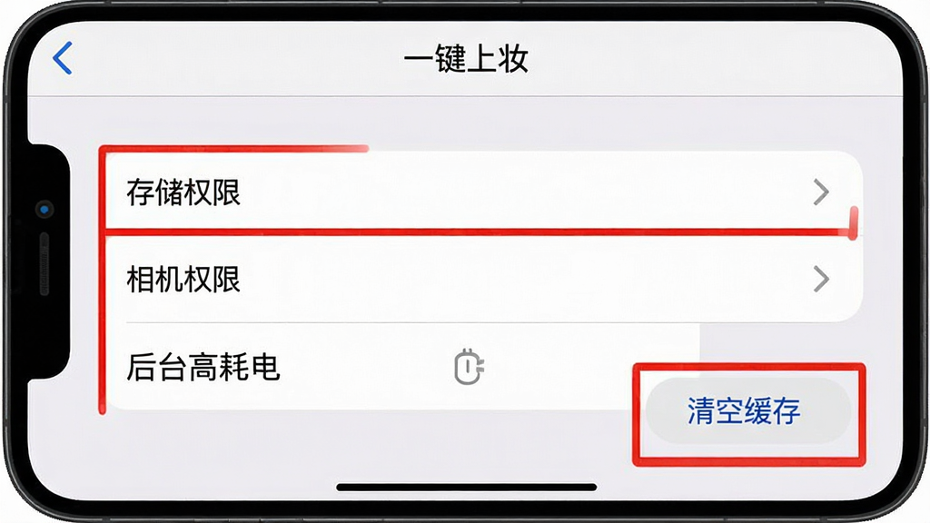一张手机截图风格的图片,展示“一键上妆”应用的设置页面,页面中突出显示“存储权限”、“相机权限”和“后台高耗电”三个选项,并用红色框线标记出“清空缓存”按钮。背景为系统设置界面常见的白色,布局清晰,文字锐利,风格写实,画质干净,无多余元素。