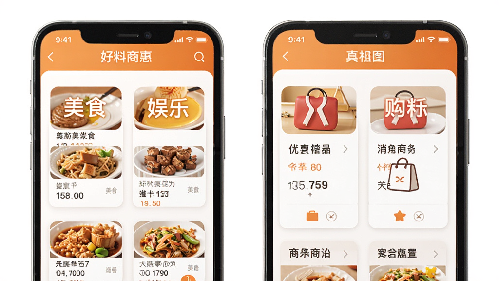 好料多APP主界面展示,手机屏幕显示附近优惠商家列表,卡片式布局,包含美食、娱乐、购物分类图标,界面以暖橙色为主色调,配以白色背景,整体风格清新明快,UI设计现代简洁,画质高清,干净无多余元素
