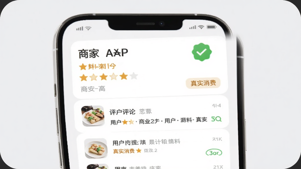 好料多APP用户评价页面展示,手机界面显示商家评分、用户评论列表、星级图标和“真实消费”标签,背景为浅灰色,卡片圆角设计,配以绿色认证标志,整体视觉清爽,画质高清