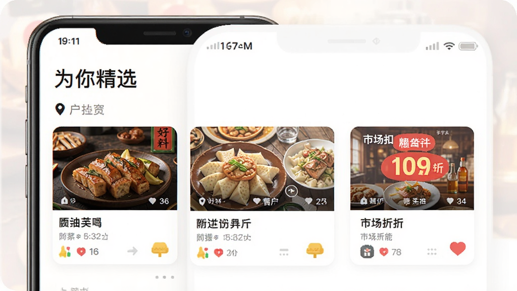 好料多APP智能推荐功能预览图,手机屏幕上显示个性化推荐页面,根据用户位置推荐附近餐厅和商场折扣,页面顶部有“为你精选”字样,界面采用卡片式设计,色彩明亮,画质清晰,排版整洁