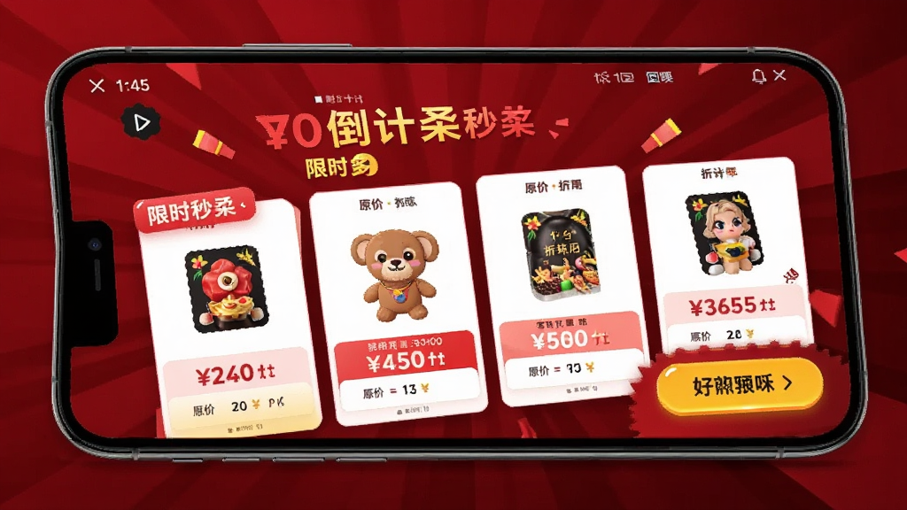 好料多APP限时秒杀页面展示,手机屏幕显示倒计时、折扣商品图片、原价和秒杀价对比,界面背景为深红色渐变,商品卡片突出,按钮为亮黄色,整体风格活泼有冲击力,画质高清干净