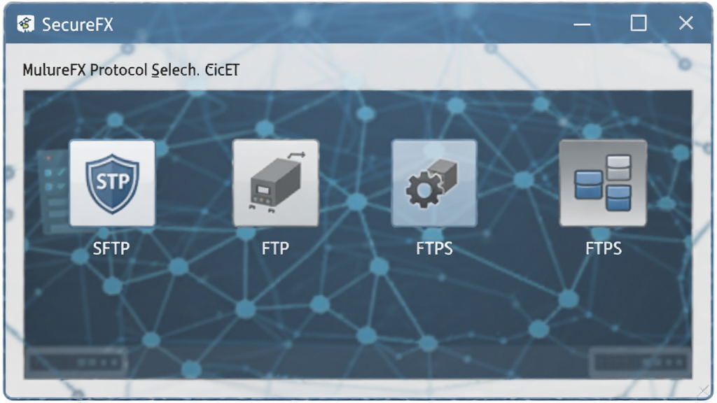 SecureFX协议选择界面,展示SFTP、FTP、FTPS等图标,背景为网络连接示意图,色调蓝灰,简洁明了,突出多协议支持特性,画质清晰,无多余元素