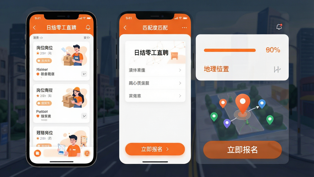 “日结零工直聘”APP智能匹配界面,左侧为岗位卡片列表,右侧为匹配度百分比与地理位置标记,底部有“立即报名”按钮,整体UI采用卡片式布局,主色调为橙色与白色,人物插画风格,画质清晰,现代感强