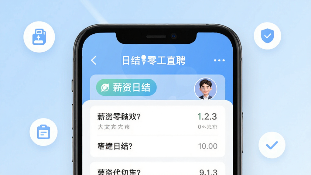 主视觉展示“日结零工直聘”APP界面,手机居中显示,屏幕内呈现工作列表、薪资日结标识与用户头像,背景为淡蓝色渐变,配以简洁的白色圆形图标点缀,整体风格清新明快,突出便捷与可靠感,高清渲染,干净无杂物