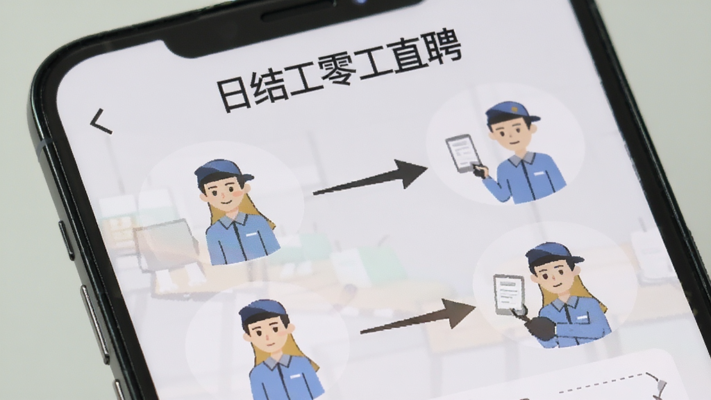 手机屏幕上显示“日结零工直聘”使用教程页面,步骤图解形式,配以箭头指示,背景为浅灰色,人物简易插画,整体风格教学感强,画质清晰,干净无多余元素