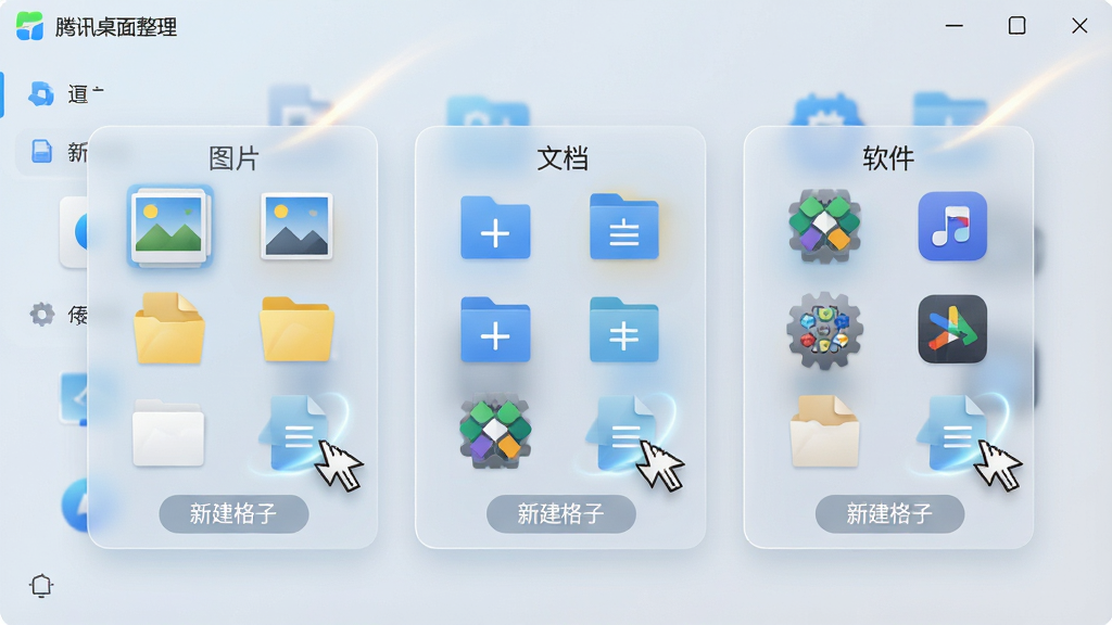主体:“腾讯桌面整理”软件的分类格子功能特写;布局:画面中央是三个半透明的格子,分别标注“图片”、“文档”、“软件”;排版:每个格子内整齐排列着对应的文件图标,格子下方有“新建格子”的按钮;风格:清新简洁,UI界面友好;细节:图标带有缩略图预览,格子背景为磨砂玻璃效果,鼠标拖拽文件时有动态光影;画质:高清渲染,色彩准确,干净,无多余元素