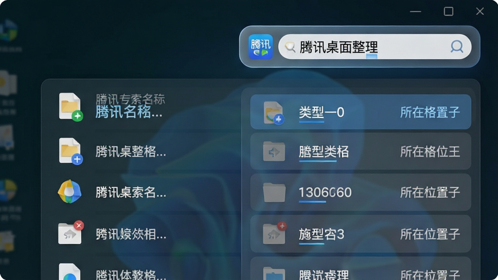 主体:“腾讯桌面整理”软件的搜索与文件管理功能;布局:桌面右上角悬浮一个搜索框,输入关键词后,下方以列表形式展示搜索结果;排版:搜索框旁有“腾讯桌面整理”的小图标,结果列表清晰显示文件名、类型和所在格子位置;风格:科技感,界面简洁通透;细节:搜索框有圆角设计,搜索结果高亮匹配字符,文件图标带有类型标识;画质:清晰锐利,文字可读性强,干净,无多余元素