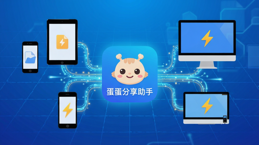 画面中央展示“蛋蛋分享助手”应用图标,周围环绕手机、平板、电脑等设备,彼此间有亮色光线连接,象征高速传输;背景为渐变蓝色科技感网格,布局简洁,主体突出,排版干净,风格扁平化,细节包括文件图标和闪电符号,画质高清,干净无多余元素