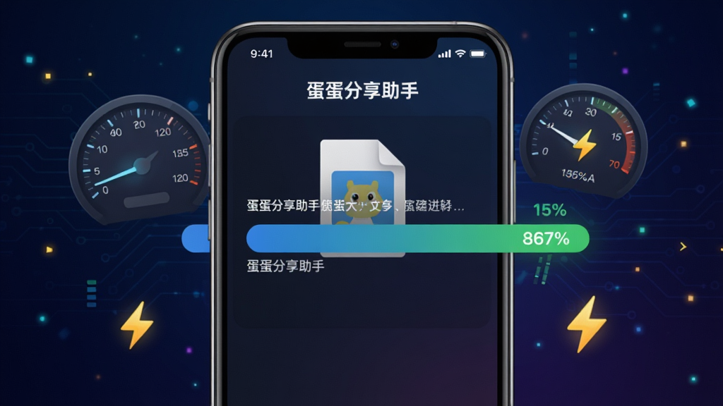 展示“蛋蛋分享助手”传输进度界面,手机屏幕上显示大文件正在以极高速度传输,进度条接近完成,周围有速度仪表盘和闪电图标,背景为深色科技感渐变,主体是手机和速度元素,布局集中,排版清晰,风格写实与扁平结合,细节包括文件名称和传输百分比,画质高清,干净无多余元素