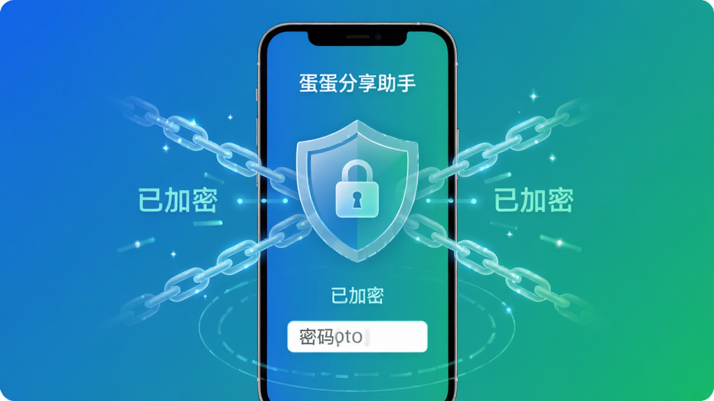 展示“蛋蛋分享助手”安全防护界面,手机屏幕上有盾牌图标和锁头,周围有加密链路光束,背景为蓝色与绿色渐变,主体是手机与盾牌,布局居中,排版简洁,风格科技感,细节包括“已加密”字样和密码输入框,画质高清,干净无多余元素
