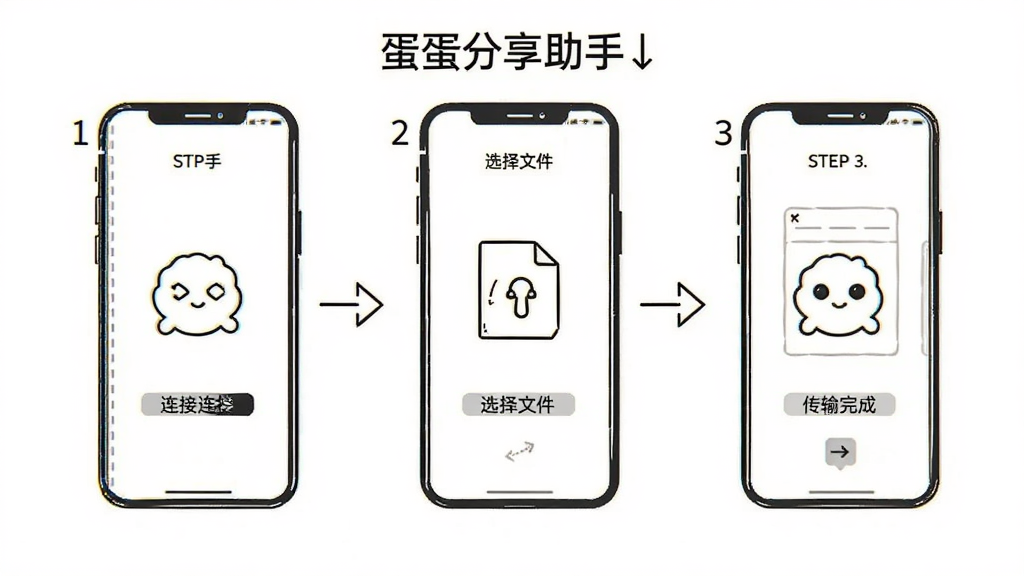展示“蛋蛋分享助手”使用步骤示意图,手机屏幕逐步显示连接、选择文件、传输完成三个步骤,背景为白色,布局为横向流程,排版清晰,风格简洁线稿,细节有步骤编号和箭头,画质高清,干净无多余元素
