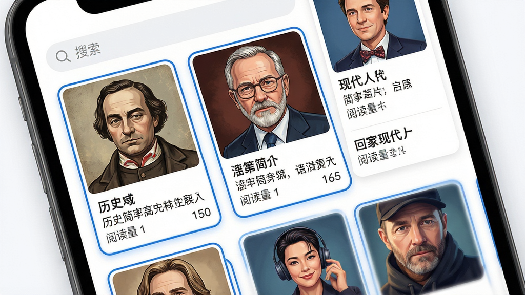 主体:手机屏幕展示人物传的传记列表页,滚动显示多个人物封面卡片,包括历史人物与现代名人,布局:列表式纵向排布,卡片等距,排版:顶部搜索栏,卡片下方显示人物简介与阅读量,风格:清爽的UI设计,白底蓝边,细节:封面为人物肖像插画,画质:高清,干净,无多余元素