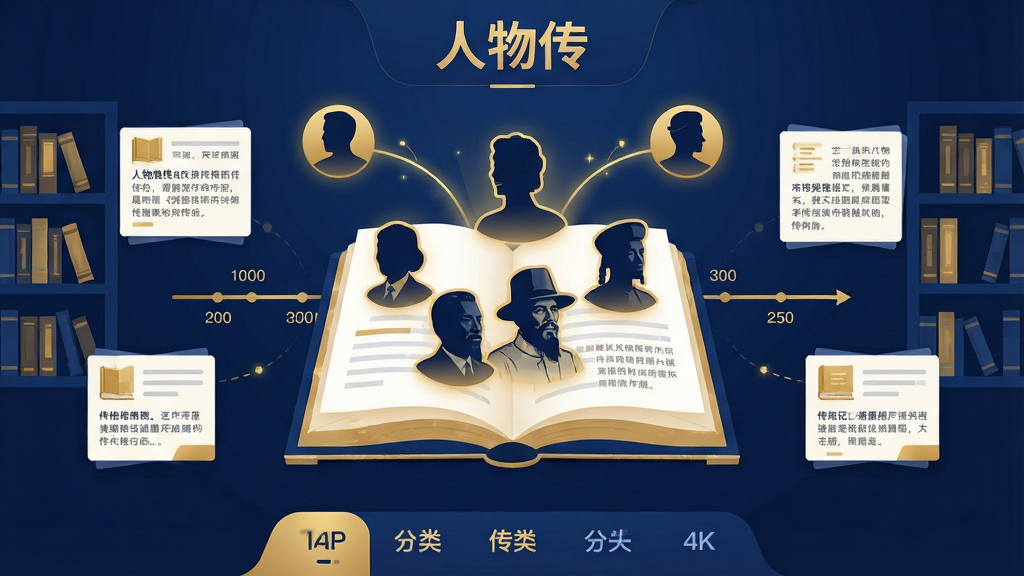 主体:人物传应用界面概念图,中央展示一本打开的电子书,书页上浮现古今中外名人头像剪影,周围环绕时间轴与传记文字摘要,布局:居中构图,书本为主体,两侧对称分布书架与资料卡片,排版:顶部显示“人物传”字样,底部为分类标签栏,风格:现代扁平插画风,色彩以深蓝与金色为主,细节:书本上方有发光线条串联人物头像,画质:4K高清,干净,无多余元素