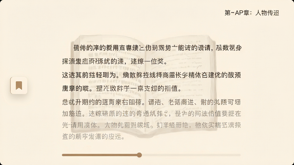 主体:人物传的阅读界面,展示一篇人物传记的正文,页面柔和米黄色,左侧有书签悬浮按钮,布局:单栏排版,文字清晰,行距舒适,排版:段落首行缩进,底部有进度条,风格:极简阅读风格,暖色调,细节:右上角显示章节名,画质:超清,干净,无多余元素