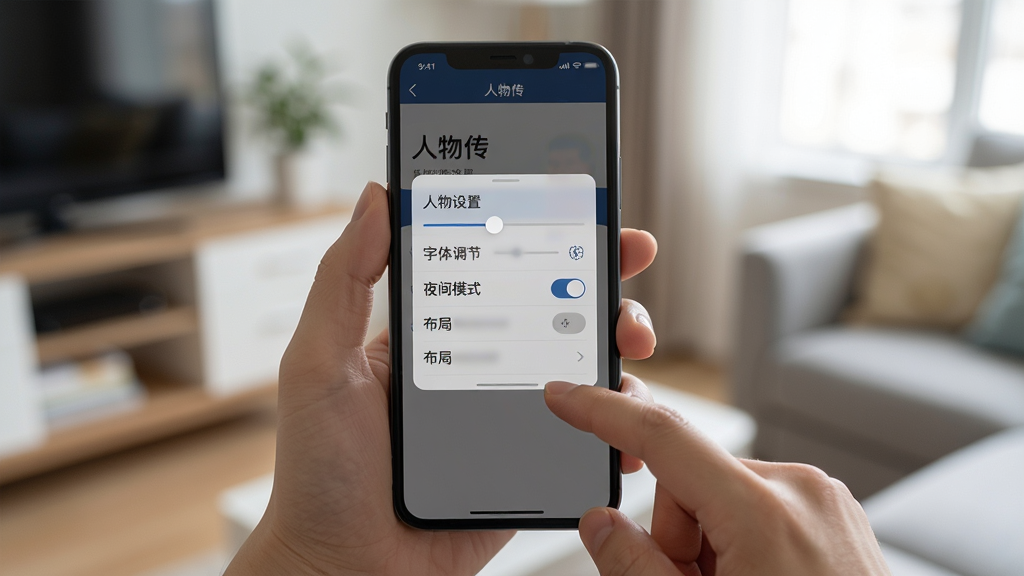 主体:用户手持手机操作人物传应用,屏幕上显示阅读设置面板,包含字体调节、夜间模式开关,布局:手机居中,手指点击屏幕,排版:设置面板为半透明弹窗,风格:写实摄影风,背景为居家环境,细节:手机屏幕显示“人物传”界面,画质:高清,干净,无多余元素