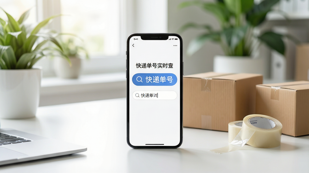 在明亮的现代风格工作台上,一部智能手机屏幕显示“快递单号实时查”应用界面,界面中央有醒目的搜索框和快递单号输入栏,旁边放置着几个快递纸箱和胶带,背景有绿色植物与柔和自然光,整体画面干净整洁,排版清晰,细节丰富,画质高清,无多余元素。