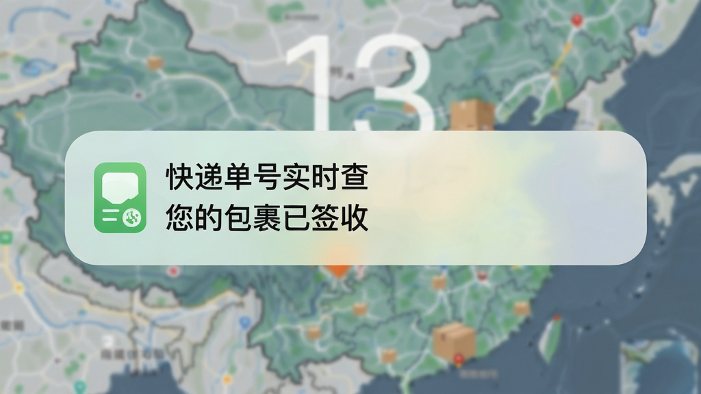 手机锁屏通知栏显示“快递单号实时查”推送消息,内容为“您的包裹已签收”,背景为模糊的物流地图,通知卡片圆角设计,文字清晰,色彩柔和,画质干净,无多余元素。