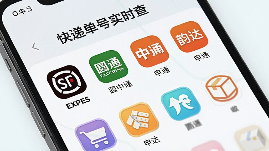 手机屏幕展示“快递单号实时查”应用中的快递公司列表,包含顺丰、圆通、中通、申通、韵达等彩色图标,整齐排列,界面简洁,背景淡雅,图标精致,文字清晰,画质高,干净无多余元素。