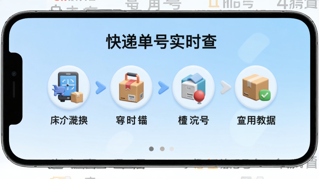 手机横屏展示“快递单号实时查”应用的使用教程页面,包含步骤图标和文字说明,背景为浅蓝色渐变,画面简洁,图标立体,文字清晰,画质干净,无多余元素。