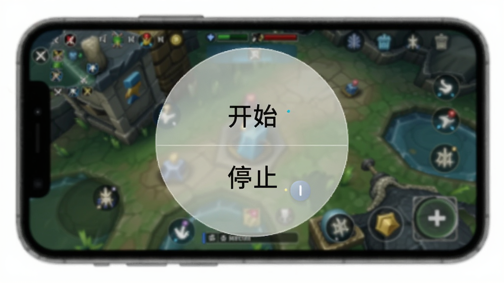 自动多指点击器悬浮窗操作演示图,画面显示手机游戏画面上方有一个半透明的圆形悬浮按钮,点击后弹出“开始”与“停止”选项,布局简洁,排版清晰,风格实用,细节展现悬浮球的位置与透明度调节设置,画质干净,无多余元素