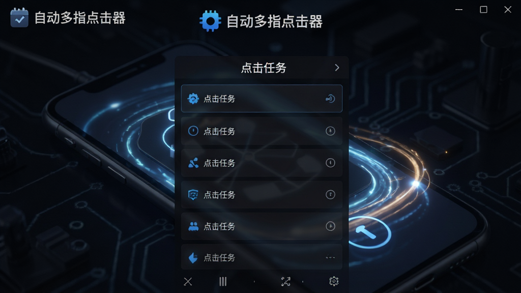 自动多指点击器主界面截图,深色科技风格,屏幕中央显示“点击任务”列表,背景为抽象的手机操作轨迹光效,布局简洁清晰,排版注重功能分区,风格现代简洁,细节呈现软件名称“自动多指点击器”Logo,画质高清干净,无多余元素