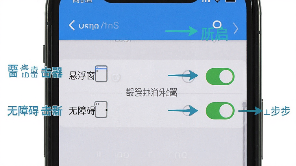 自动多指点击器权限设置示意图,手机屏幕显示设置菜单中“悬浮窗”与“无障碍”选项处于开启状态,布局清晰,排版简洁,风格教程向,细节标注权限开启步骤,画质干净,无多余元素