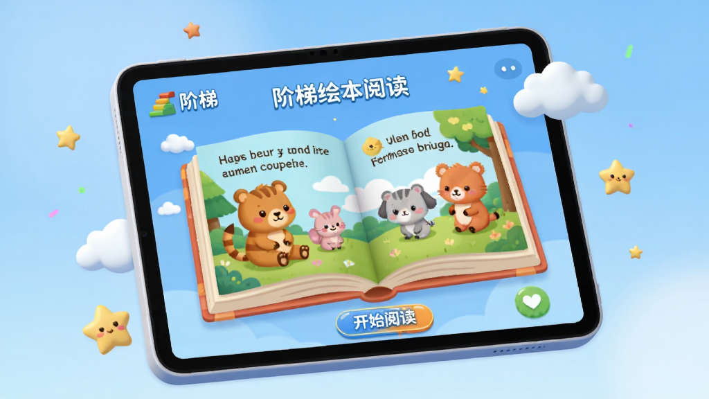 一幅温馨明亮的数字插画,主体是“阶梯绘本阅读”APP界面在平板电脑上显示的立体效果图,界面中展示着一本打开的彩色绘本,页面有可爱的卡通动物角色。布局以平板为中心,周围散落着几颗小星星和云朵元素。排版注重层次感,前景是清晰的APP界面,背景是柔和的渐变蓝色。风格为扁平化与儿童插画结合,细节包括界面上的“阶梯”Logo和“开始阅读”按钮。画质高清细腻,色彩饱满,干净无多余元素。
