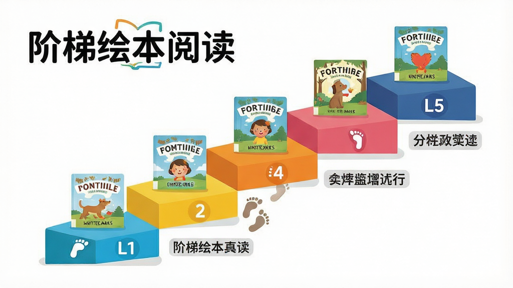 一张展示分级阅读路径的扁平化信息图,主体是“阶梯绘本阅读”的Logo和五级彩色阶梯,每一级阶梯上放置着不同类型的绘本封面图标。布局为从左下到右上的对角线构图,排版清晰有序,每级阶梯旁配有简短的文字说明。风格简洁明快,细节包括阶梯上的小脚印图标和“L1”至“L5”的标记。画质干净,矢量感强,无多余元素。