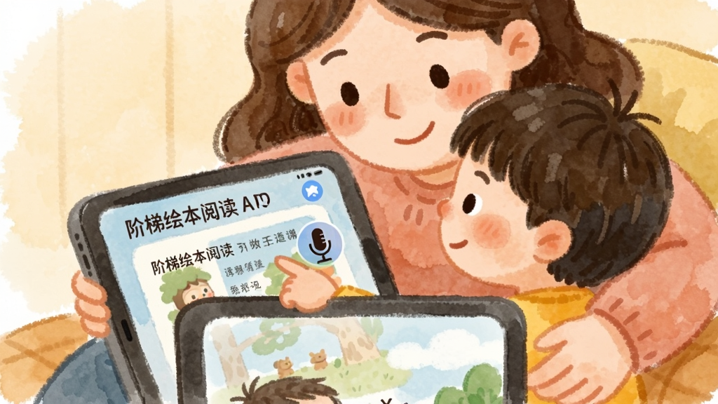 一幅展示亲子共读场景的温馨插画,主体是一位母亲和孩子依偎在一起,面前摆放着一台运行“阶梯绘本阅读”APP的平板电脑,屏幕上显示着绘本页面和麦克风图标。布局以人物为主体,平板位于画面下方三分之一处。风格为暖色调的手绘水彩风,细节包括孩子手指着屏幕上的文字,母亲面带微笑。画质柔和,充满家庭温暖氛围,干净无多余元素。