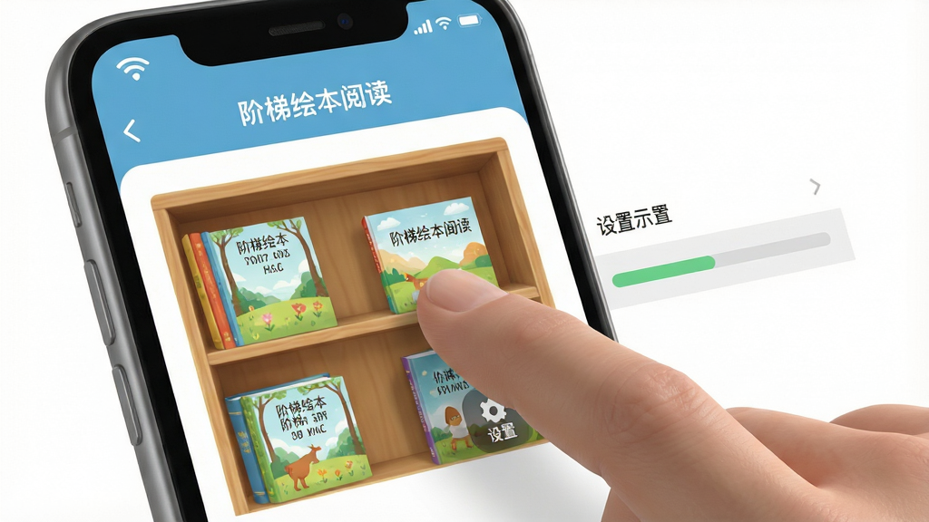 一张简洁的手机操作示意图,主体是一只手正在滑动手机屏幕上的“阶梯绘本阅读”APP界面,界面显示绘本书架和设置菜单。布局为手机特写,手指点按在“设置”图标上。风格为写实的3D渲染风格,细节包括屏幕上的WiFi图标和存储空间进度条。画质清晰,重点突出操作动作,干净无多余元素。