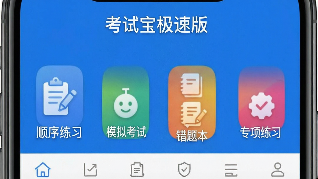 一张展示考试宝极速版APP主界面的高清手机截图,界面以蓝色为主色调,顶部显示“考试宝极速版”字样,下方排列“顺序练习”、“模拟考试”、“错题本”、“专项练习”四个彩色功能图标,整体布局简洁清晰,画质干净,无多余元素