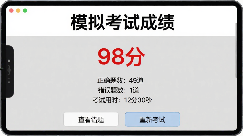 考试宝极速版模拟考试结束后的成绩单页面,屏幕顶部显示“模拟考试成绩”大字,中间为红色数字“98分”,下方列出“正确题数:49道”、“错误题数:1道”、“考试用时:12分30秒”,底部有“查看错题”和“重新考试”两个按钮,整体风格简洁明了