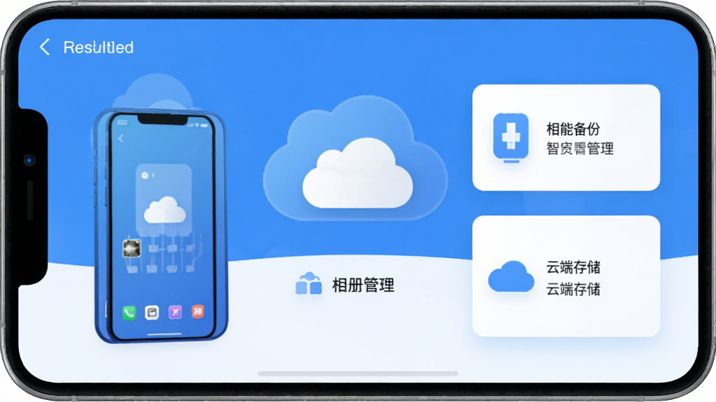 手机相册文件备份软件主界面,展示智能备份、相册管理、云端存储等核心模块,界面简洁现代,以蓝色为主色调,背景为手机与云朵图标,画质清晰,干净无多余元素