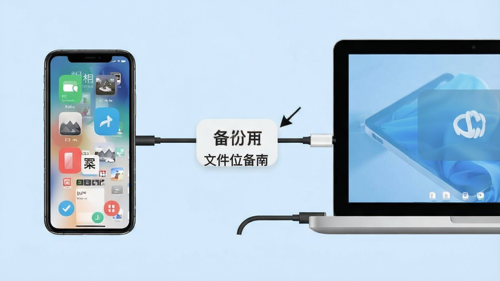 手机相册文件备份使用指南示意图,画面中手机与电脑连接,展示备份流程,背景为浅蓝色,风格简洁明了,画质清晰干净