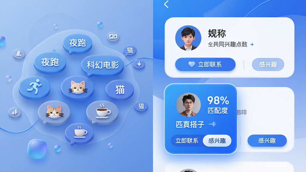 主体:“百度搭子”APP的智能匹配功能预览图,画面左侧是一位用户的个人兴趣标签云,右侧是系统推荐的几位搭子卡片。布局:左右分栏式布局,左侧标签云包含“夜跑”、“科幻电影”、“猫”、“咖啡”等图标,右侧卡片显示头像、昵称和共同兴趣点数。排版:界面UI采用卡片式设计,圆角矩形,线条流畅,蓝色主题色贯穿始终。风格:高清UI设计图,带有微妙的3D质感,科技感强。细节:卡片底部有“立即联系”和“感兴趣”两个按钮,一张卡片被高亮突出,显示匹配度98%。画质:精细,清晰,无多余元素。