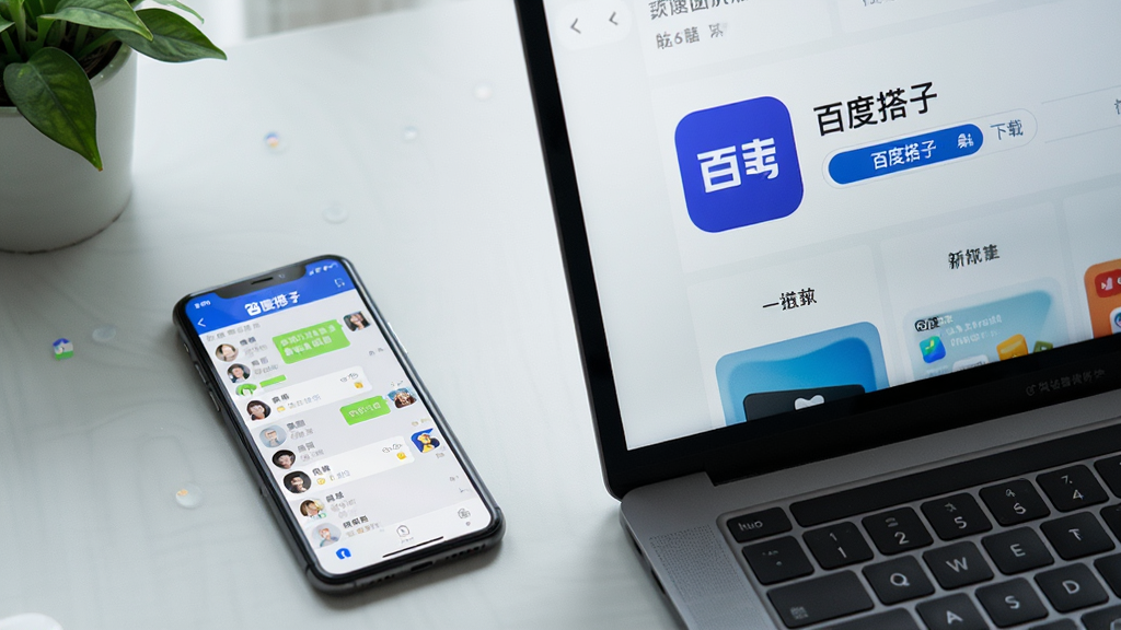 主体:智能手机和一台笔记本电脑并排放置在桌面上,手机屏幕显示“百度搭子”聊天界面,电脑屏幕显示应用商店页面。布局:手机在左,电脑在右,形成对角线构图。排版:画面干净,背景为浅灰色的桌面,有少量绿植点缀。风格:写实摄影风格,光线柔和自然。细节:手机屏幕上显示着好友列表,电脑屏幕上有“百度搭子”的下载按钮。画质:高清,细节丰富,无多余元素。