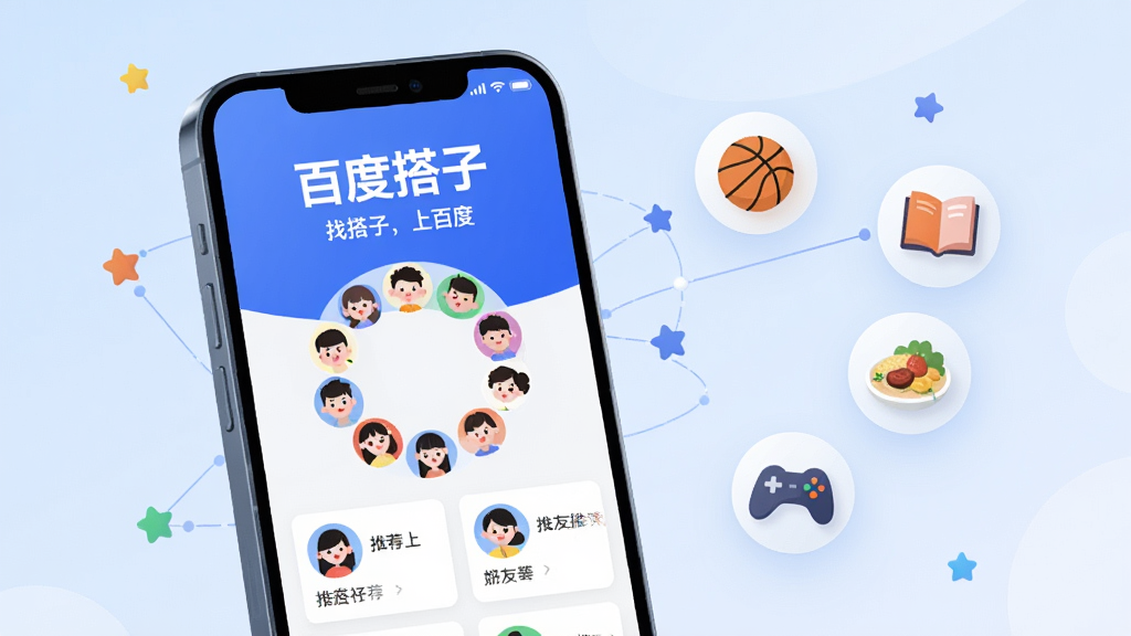 主体:手机屏幕展示百度搭子APP界面,界面风格现代简约,主色调为蓝色和白色,屏幕中央有大量卡通人物头像围绕成圈。布局:手机位于画面中心偏左,右侧悬浮着几个代表不同兴趣的图标(如篮球、书本、美食、游戏手柄)。排版:手机屏幕内显示“百度搭子”四个大字和“找搭子,上百度”的标语,下方有多个卡片式好友推荐列表。风格:扁平化插画风格,色彩明快,富有科技感和亲和力。细节:背景为渐变的淡蓝色,点缀着一些微小的星星和连接线,体现智能匹配的概念。画质:4K高清,画面干净,无多余元素。