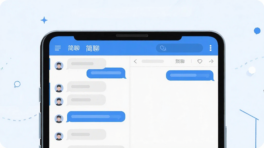 一幅现代扁平化风格的软件宣传主视觉图,主体为智能手机屏幕展示“简聊”聊天界面,界面简洁明亮,左侧有对话气泡列表,右侧为聊天窗口,整体布局平衡,色彩以蓝白为主,突出清爽无干扰的沟通氛围,画质高清,干净无多余元素