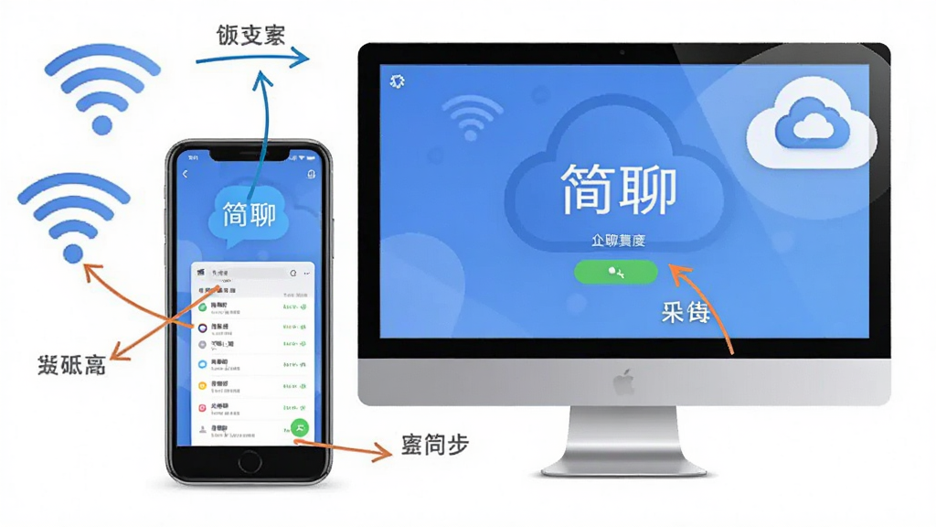 一张“简聊”使用指南的插图,主体为手机和电脑并排,屏幕中显示“简聊”界面,周围有WiFi图标和云同步图标,布局平衡,风格写实,细节用箭头标注操作要点,画质清晰,干净无多余元素