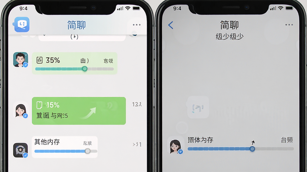 一张“简聊”应用在手机后台运行时的性能对比图,主体为左右分屏对比,左边是其他聊天应用占用大量内存,右边是简聊占用极少内存,布局清晰,风格写实,细节用百分比和进度条直观展示,画质干净,无多余元素