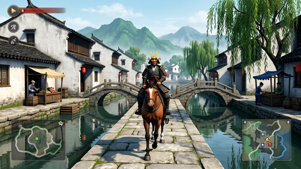 主体:游戏地图探索界面,一名浪人骑马行走在江南水乡的石板路上,两旁是白墙黑瓦的民居。布局:人物与马居中,周围有河流、小桥、柳树,远景是青山。排版:地图UI半透明显示在屏幕边缘。风格:写实国风,色彩明亮,细节丰富。细节:水面倒影,柳枝摇曳,NPC在路边叫卖。画质:高清,干净无多余元素。