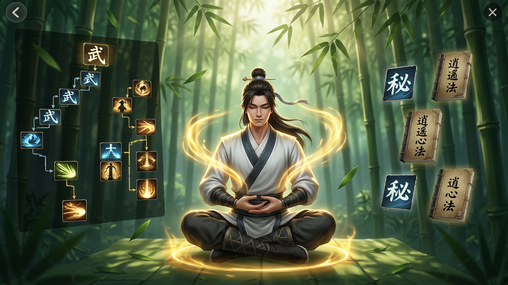 主体:游戏武学修炼界面,一名侠客正在竹林中打坐修炼,周身环绕金色内力光效。布局:人物位于画面中央,左侧显示武学树状图,右侧漂浮着秘籍图标。排版:界面简洁清晰,技能图标排列有序。风格:武侠风,竹林背景,光线透过竹叶洒落。细节:内力光晕流转,竹叶飘落,秘籍封面上写有“逍遥心法”字样。画质:高清渲染,干净无多余元素。