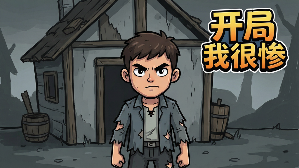 一张游戏主界面预览图,画面中央是主角穿着破烂衣服站在简陋的小屋前,周围是灰暗的色调,但主角眼神坚定,右上角显示“开局我很惨”游戏logo,整体风格卡通手绘,布局清晰,色彩对比鲜明,细节丰富,干净无多余元素,画质高清