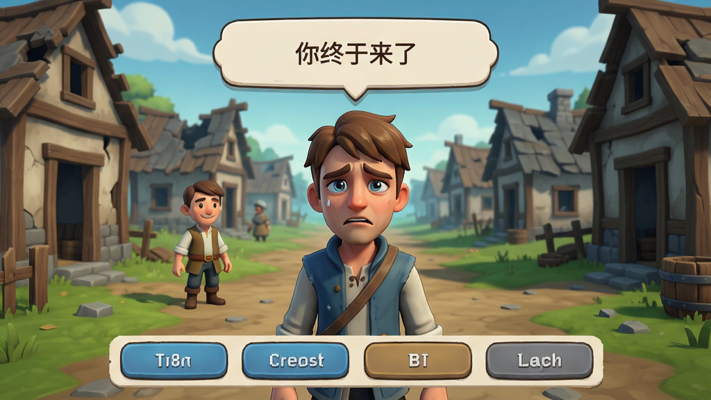 游戏剧情对话场景,主角面带愁容站在破败的村庄前,NPC头顶对话气泡显示“你终于来了”,画面下方为选项按钮,UI设计简洁,卡通渲染风格,布局居中,细节丰富,干净无多余元素,画质高清